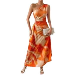 One Shoulder Dress, Maxi, Asymmetrical Neckline, Shein, L, Orange White
